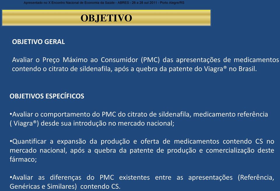 OBJETIVOS ESPECÍFICOS Avaliar o comportamento do PMC do citrato de sildenafila, medicamento referência ( Viagra ) desde sua introdução no mercado