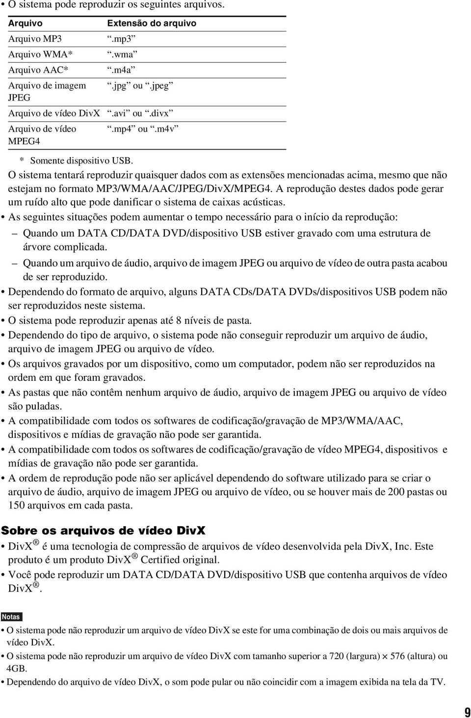 O sistema tentará reproduzir quaisquer dados com as extensões mencionadas acima, mesmo que não estejam no formato MP3/WMA/AAC/JPEG/DivX/MPEG4.