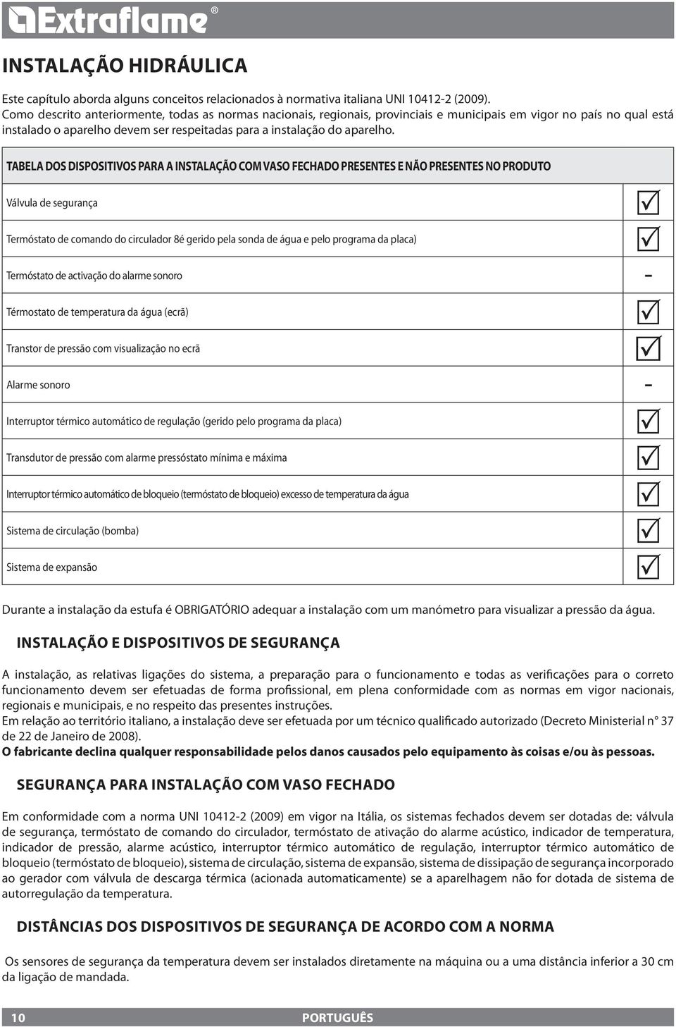 TABELA DOS DISPOSITIVOS PARA A INSTALAÇÃO COM VASO FECHADO PRESENTES E NÃO PRESENTES NO PRODUTO Válvula de segurança Termóstato de comando do circulador 8é gerido pela sonda de água e pelo programa