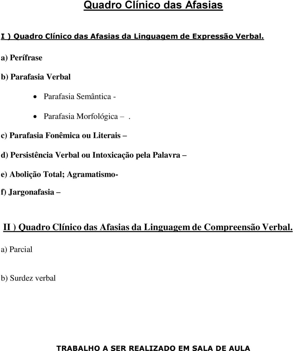 c) Parafasia Fonêmica ou Literais d) Persistência Verbal ou Intoxicação pela Palavra e) Abolição Total;