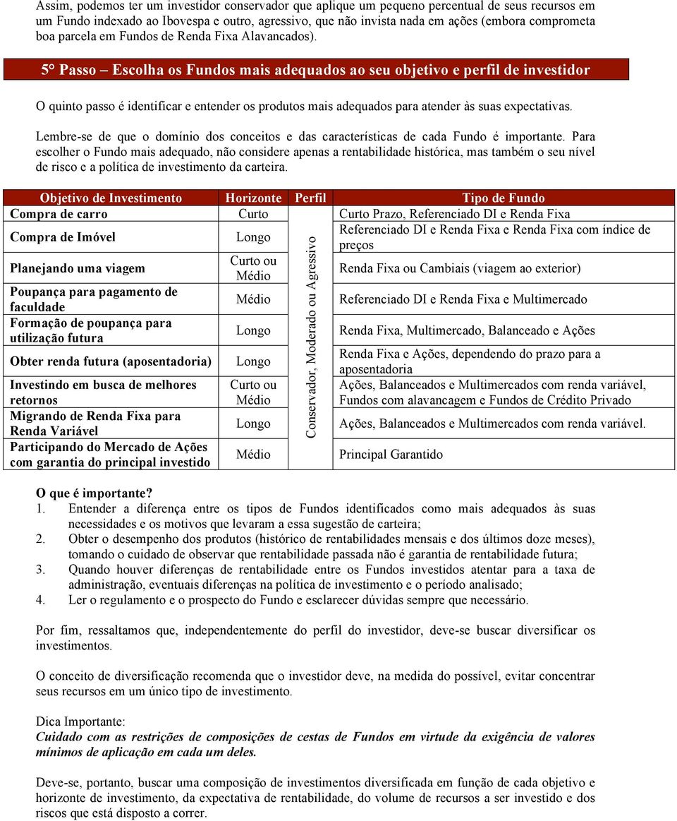 5 Passo Escolha os Fundos mais adequados ao seu objetivo e perfil de investidor O quinto passo é identificar e entender os produtos mais adequados para atender às suas expectativas.