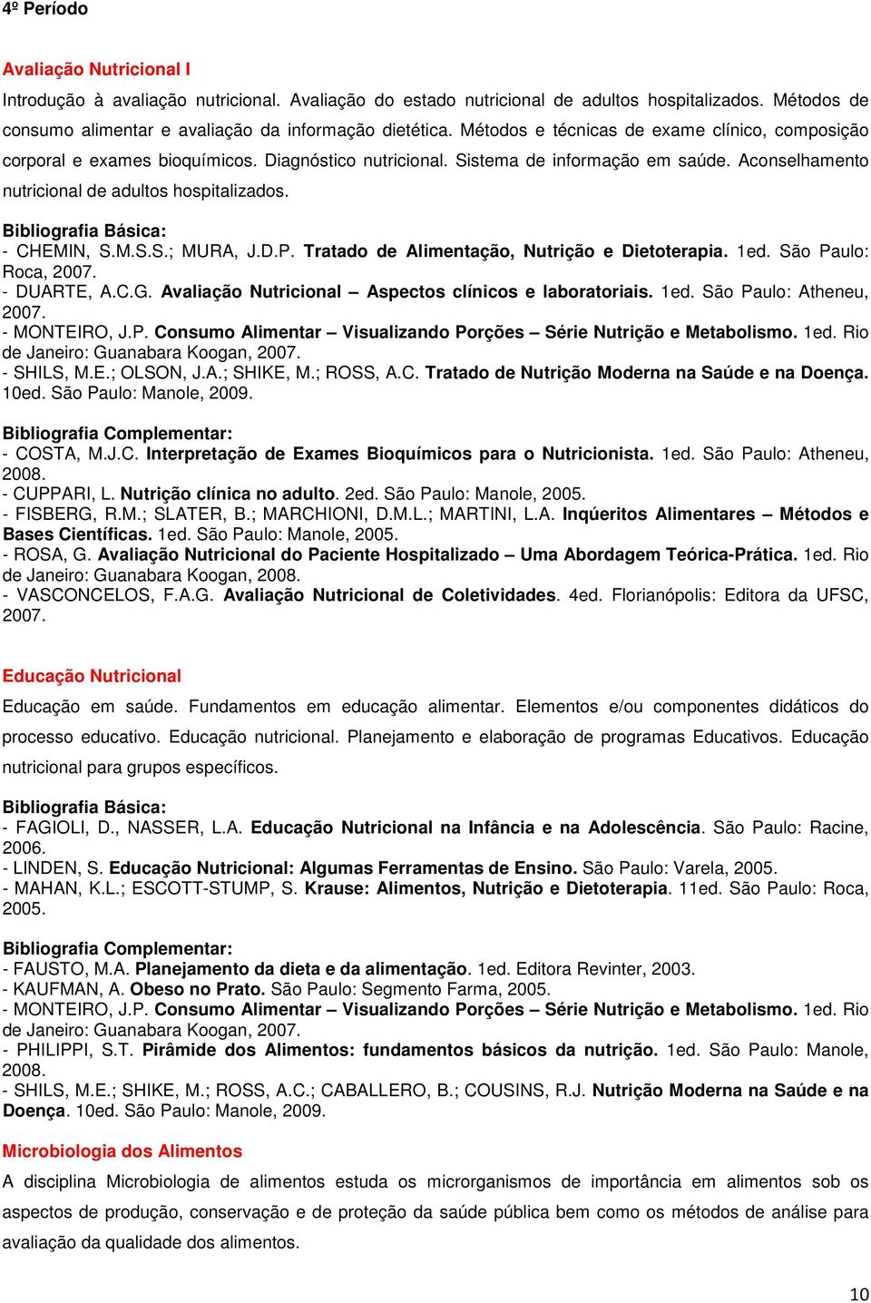 - CHEMIN, S.M.S.S.; MURA, J.D.P. Tratado de Alimentação, Nutrição e Dietoterapia. 1ed. São Paulo: Roca, 2007. - DUARTE, A.C.G. Avaliação Nutricional Aspectos clínicos e laboratoriais. 1ed. São Paulo: Atheneu, 2007.