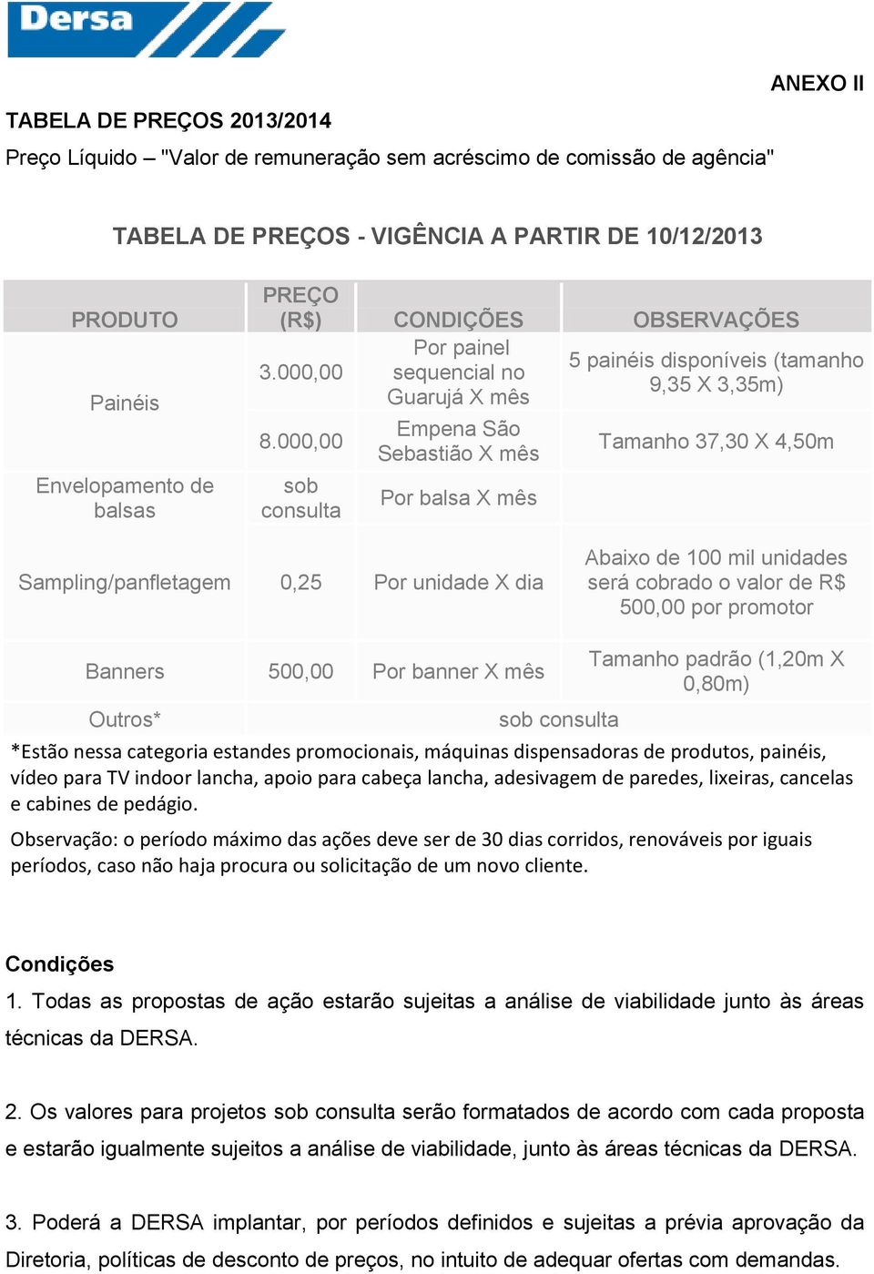 000,00 sob consulta Empena São Sebastião X mês Por balsa X mês Tamanho 37,30 X 4,50m Sampling/panfletagem 0,25 Por unidade X dia Abaixo de 100 mil unidades será cobrado o valor de R$ 500,00 por