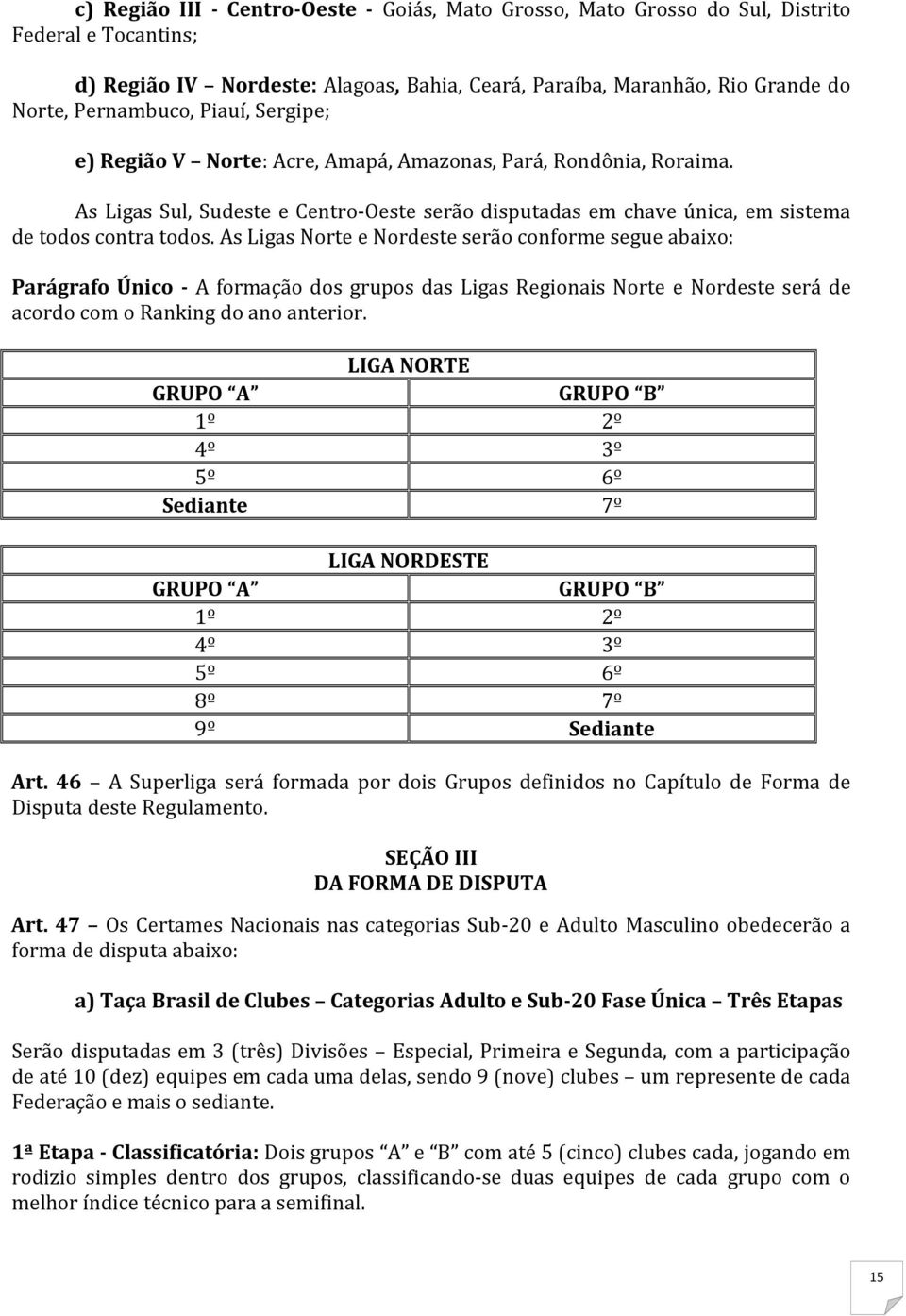 As Ligas Norte e Nordeste serão conforme segue abaixo: Parágrafo Único - A formação dos grupos das Ligas Regionais Norte e Nordeste será de acordo com o Ranking do ano anterior.