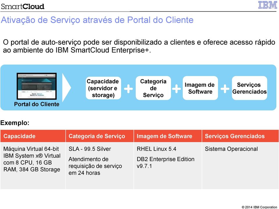 Service Activation Through Customer Portal Portal do Cliente Capacidade (servidor e storage) Categoria de Serviço Imagem de Software Serviços Gerenciados