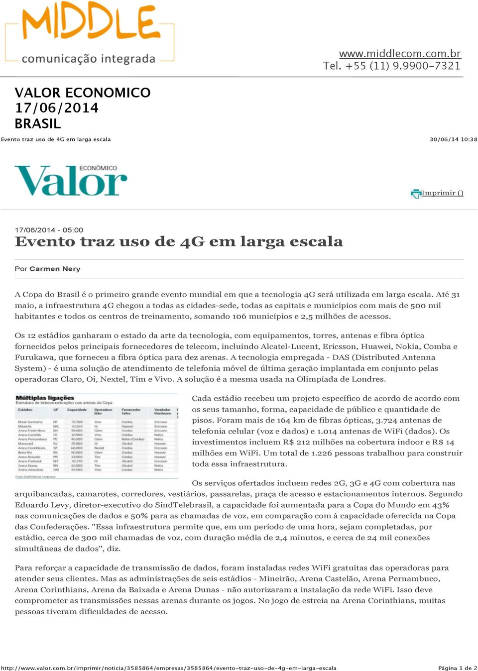 Até 31 maio, a infraestrutura 4G chegou a todas as cidades-sede, todas as capitais e municípios com mais de 500 mil habitantes e todos os centros de treinamento, somando 106 municípios e 2,5 milhões