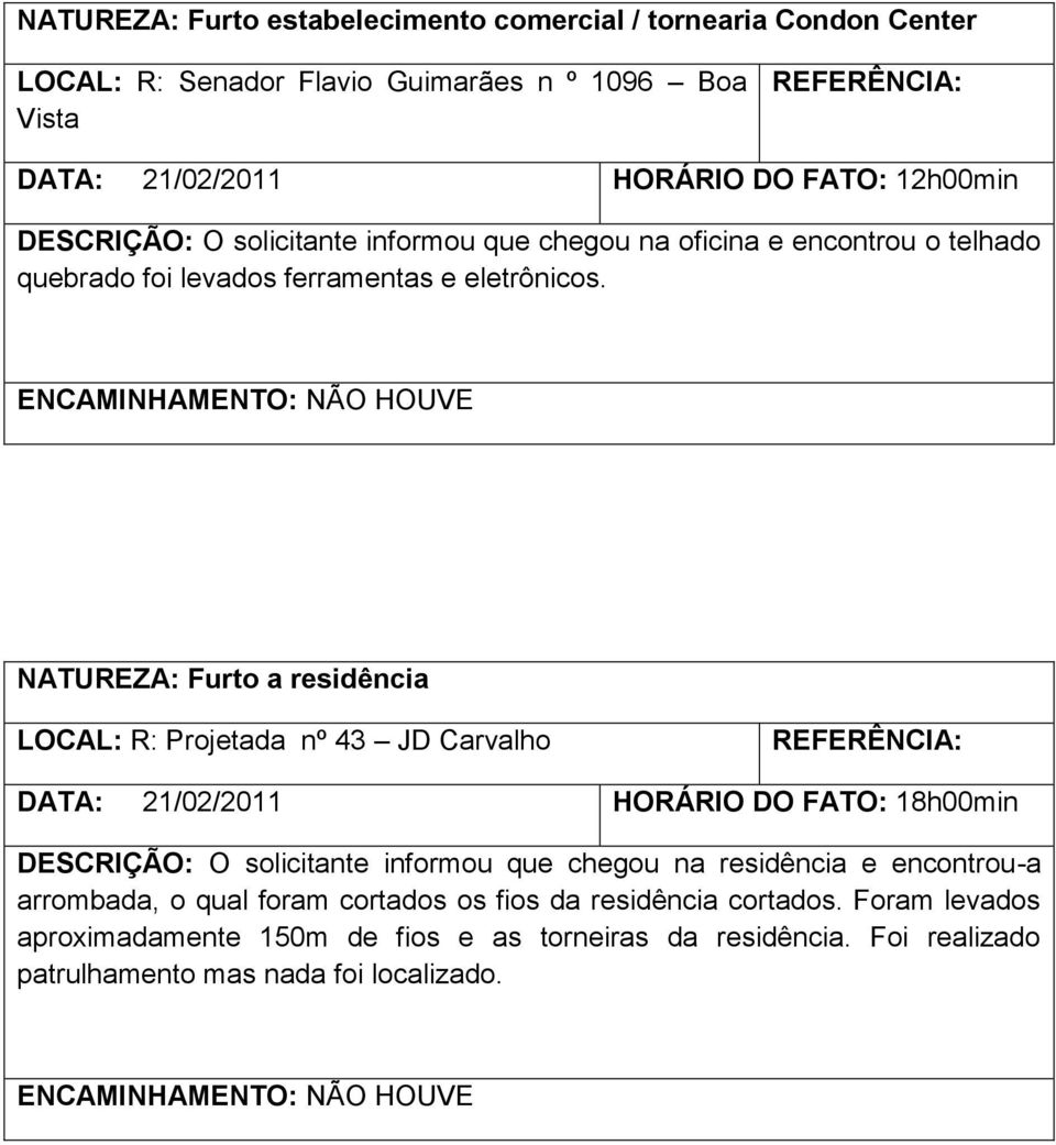 NATUREZA: Furto a residência LOCAL: R: Projetada nº 43 JD Carvalho DATA: HORÁRIO DO FATO: 18h00min DESCRIÇÃO: O solicitante informou que chegou na residência e