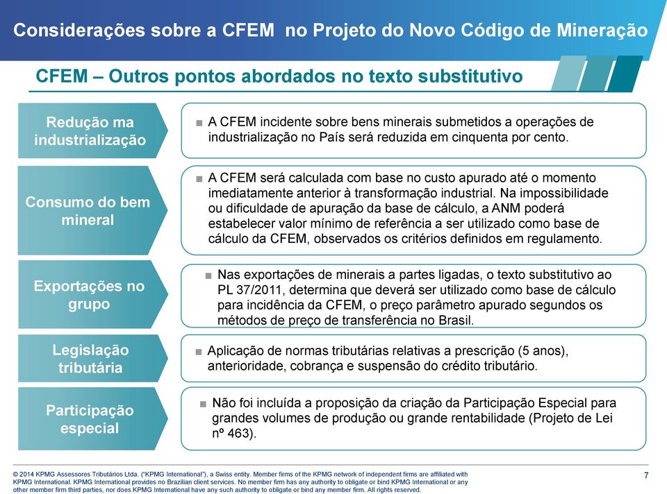 Consumo do bem mineral Exportações no grupo Legislação tributária Participação especial A CFEM será calculada com base no custo apurado até o momento imediatamente anterior à transformação industrial.