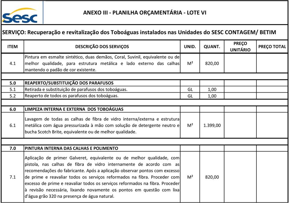 0 REAPERTO/SUBSTITUIÇÃO DOS PARAFUSOS 5.1 Retirada e substituição de parafusos dos toboáguas. 5.2 Reaperto de todos os parafusos dos toboáguas. 6.0 LIMPEZA INTERNA E EXTERNA DOS TOBOÁGUAS 6.