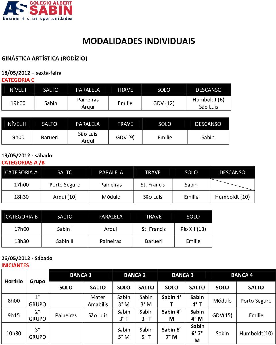 Francis 18h30 Arqui (10) Módulo São Luís Emilie Humboldt (10) CATEGORIA B SALTO PARALELA TRAVE SOLO 17h00 I Arqui St.