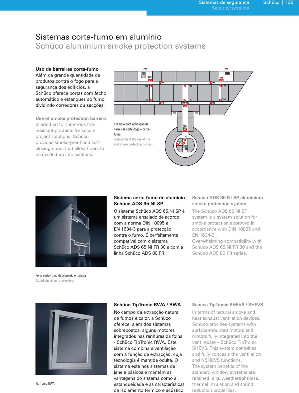 F30 RS RS F90/T90 RS RS F30 Use of smoke protection barriers In addition to numerous fireresistant products for secure project solutions, Schüco provides smoke-proof and selfclosing doors that allow