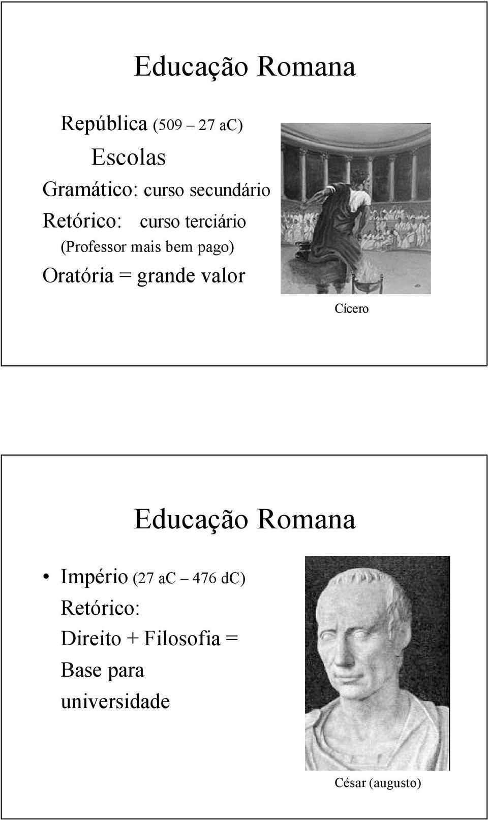 Oratória = grande valor Cícero Educação Romana Império (27 ac 476