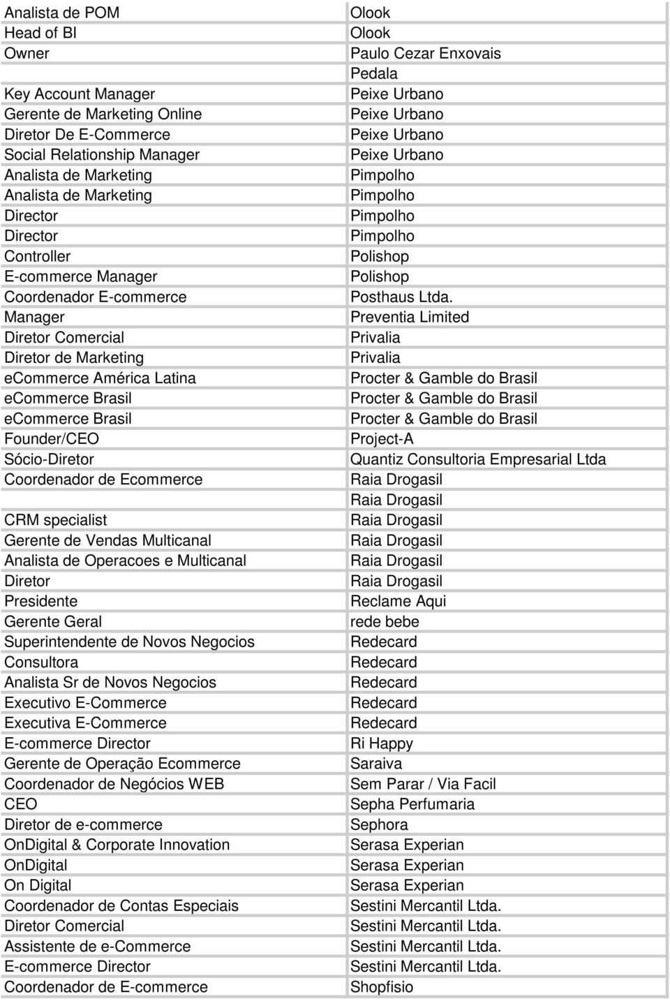 e Multicanal Presidente Geral Superintendente de Novos Negocios Consultora Analista Sr de Novos Negocios Executivo E-Commerce Executiva E-Commerce E-commerce Director de Operação Ecommerce