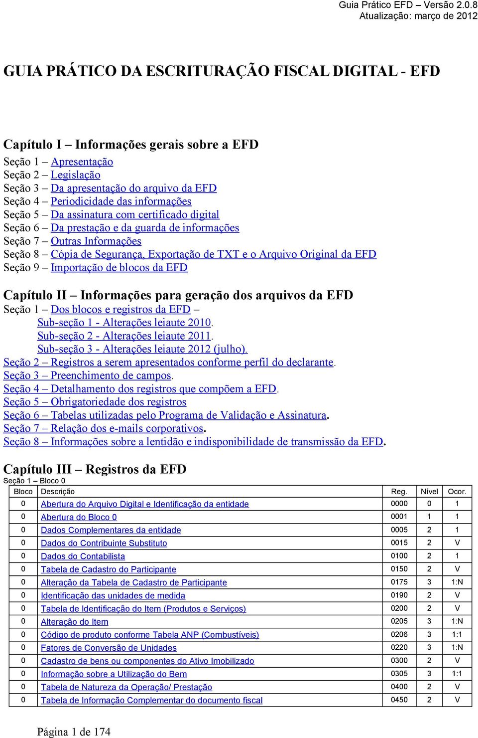 da EFD Seção 9 Importação de blocos da EFD Capítulo II Informações para geração dos arquivos da EFD Seção 1 Dos blocos e registros da EFD Sub-seção 1 - Alterações leiaute 2010.