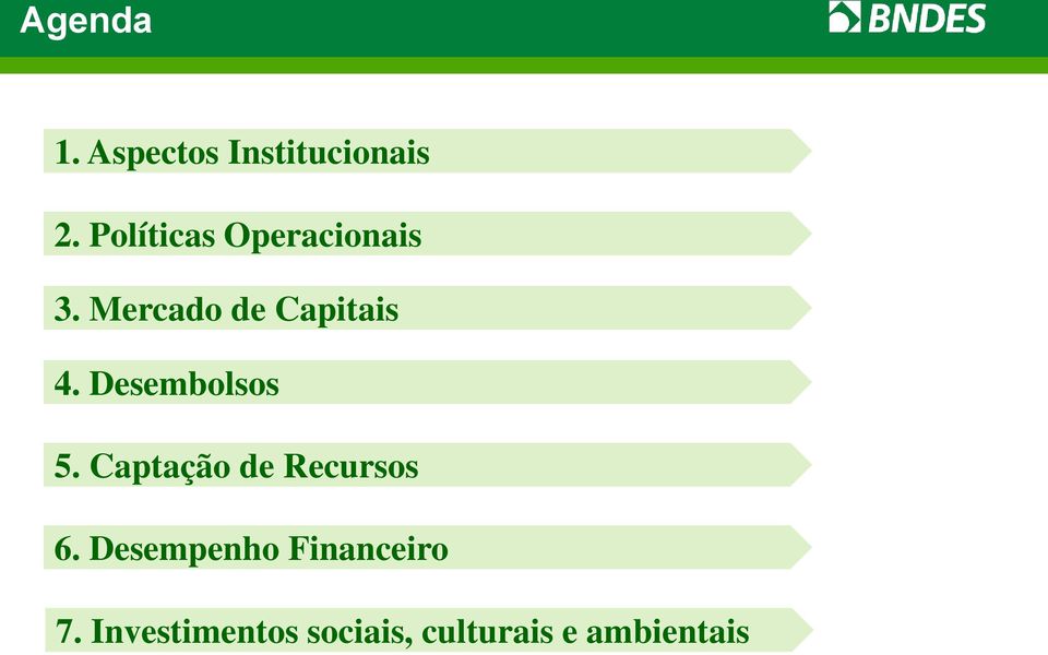 Desembolsos 5. Captação de Recursos 6.