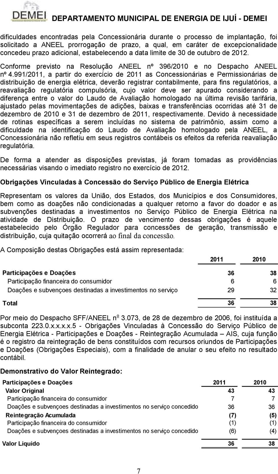 991/2011, a partir do exercício de 2011 as Concessionárias e Permissionárias de distribuição de energia elétrica, deverão registrar contabilmente, para fins regulatórios, a reavaliação regulatória