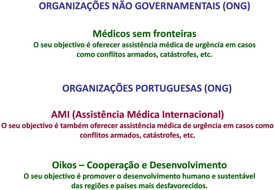 ORGANIZAÇÕES PORTUGUESAS (ONG) AMI (Assistência Médica Internacional) O seu objectivo é também oferecer assistência médica