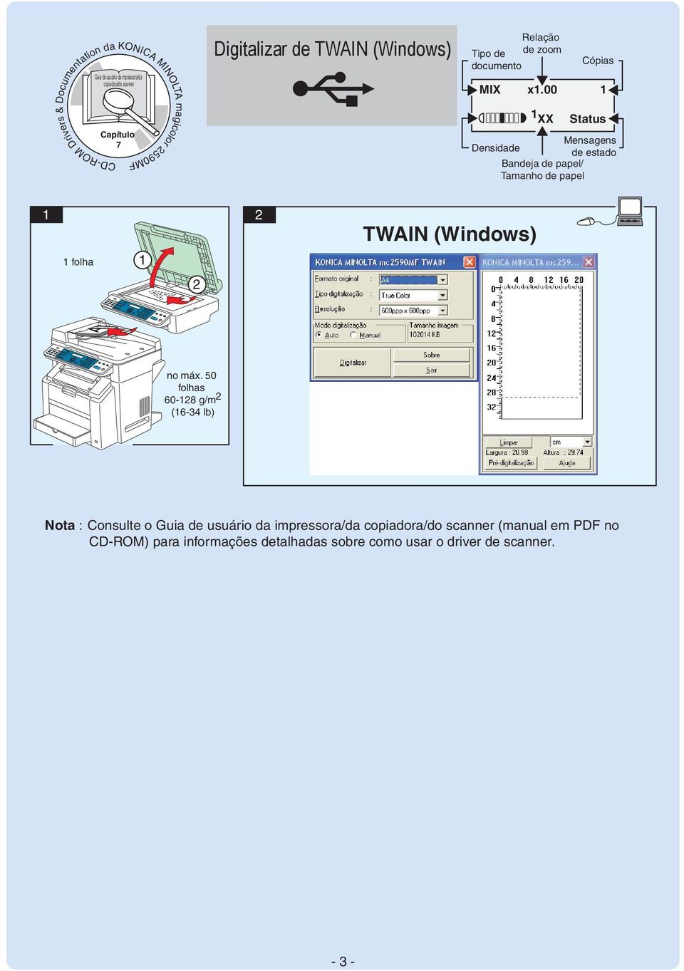00 folha TWAIN (Windows) 60-8 g/m (6-4 lb) Nota : Consulte o Guia de usuário da