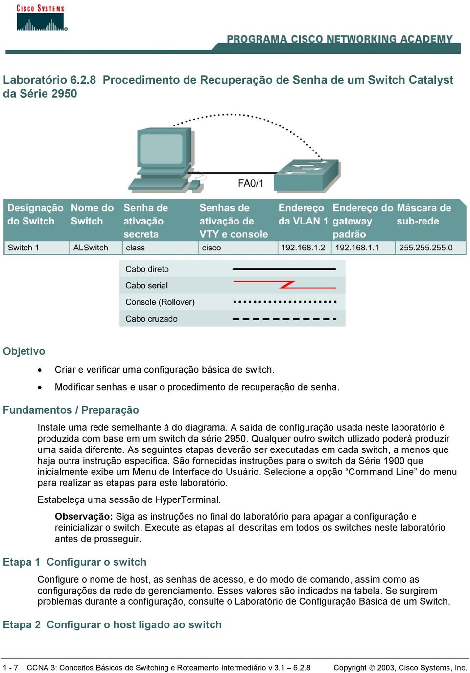 A saída de configuração usada neste laboratório é produzida com base em um switch da série 2950. Qualquer outro switch utlizado poderá produzir uma saída diferente.