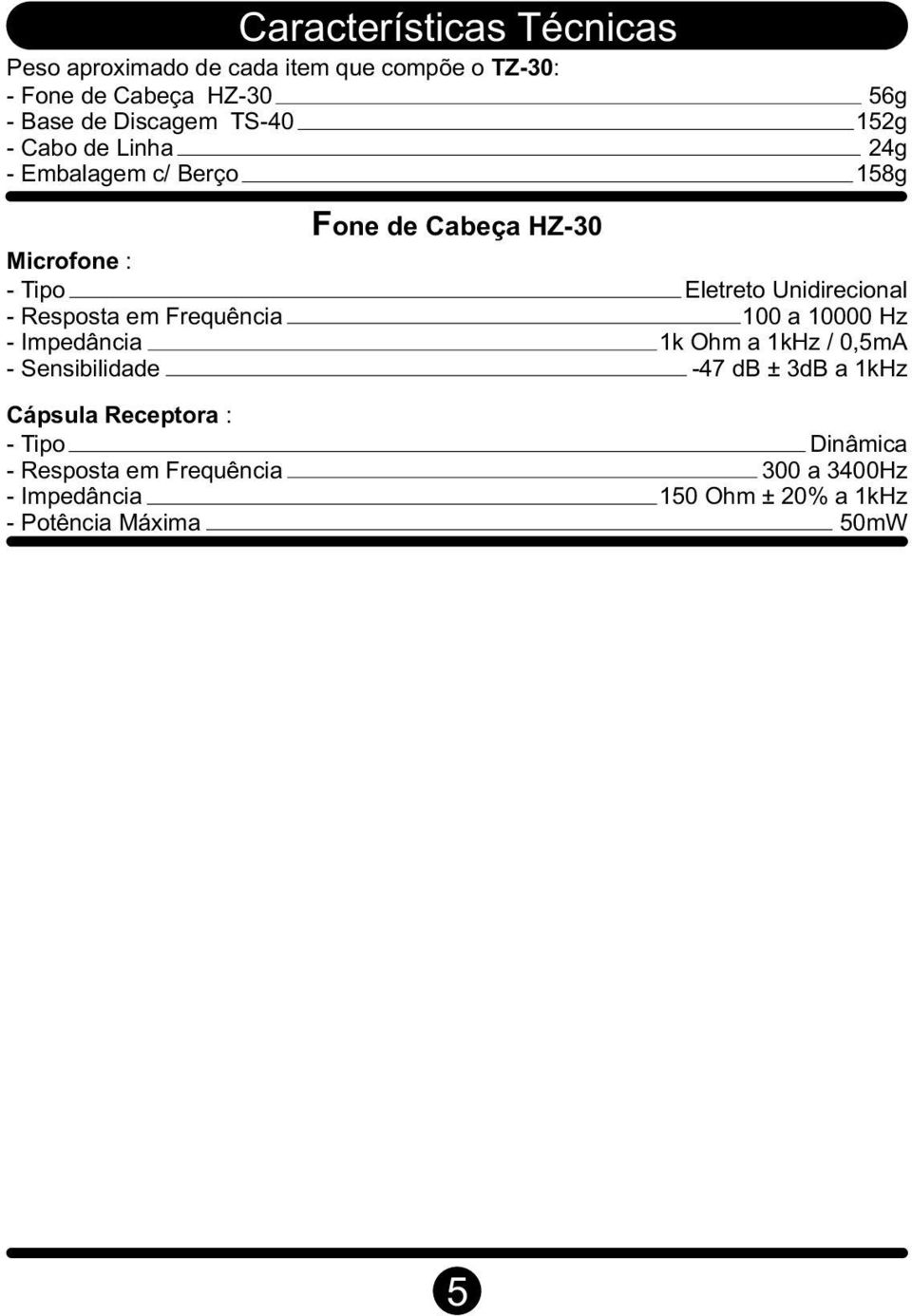 Sensibilidade Cápsula Receptora : - Tipo - Resposta em Frequência - Impedância - Potência Máxima Fone de Cabeça HZ-30