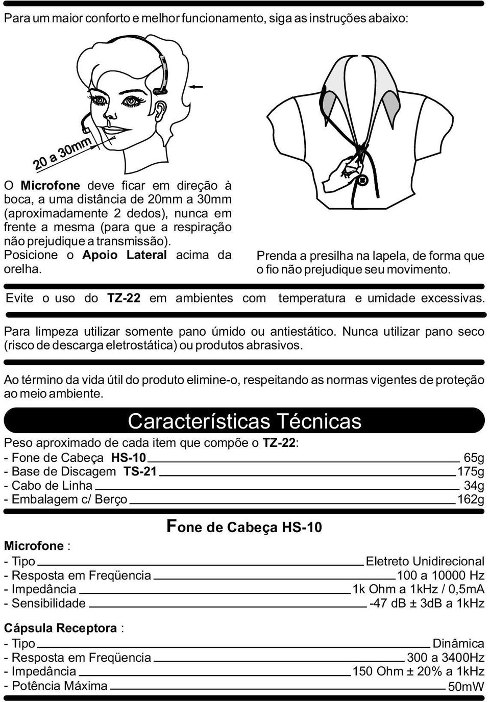 Evite o uso do TZ-22 em ambientes com temperatura e umidade excessivas. Para limpeza utilizar somente pano úmido ou antiestático.