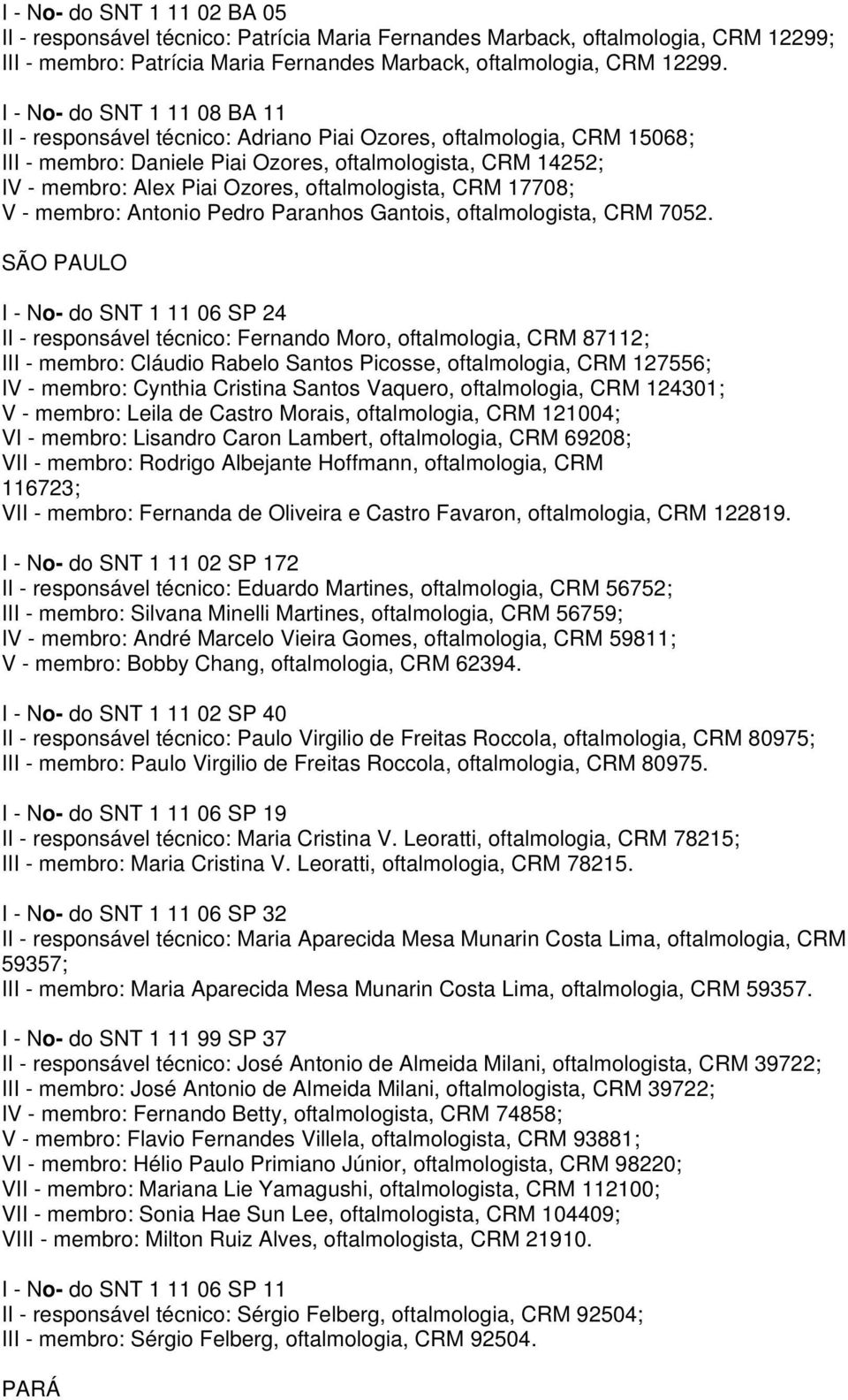 oftalmologista, CRM 17708; V - membro: Antonio Pedro Paranhos Gantois, oftalmologista, CRM 7052.