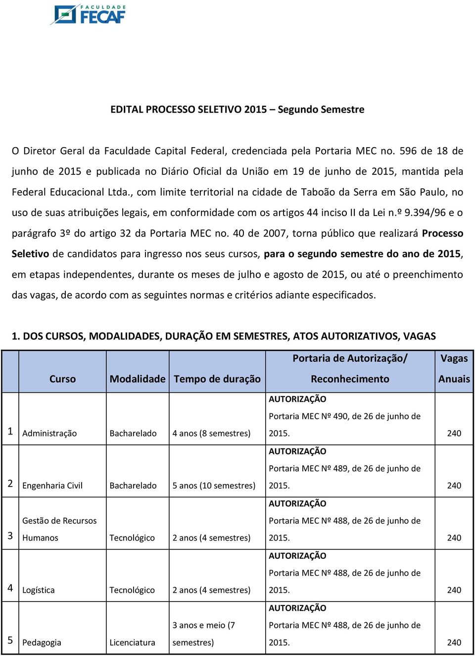 , com limite territorial na cidade de Taboão da Serra em São Paulo, no uso de suas atribuições legais, em conformidade com os artigos 44 inciso II da Lei n.º 9.