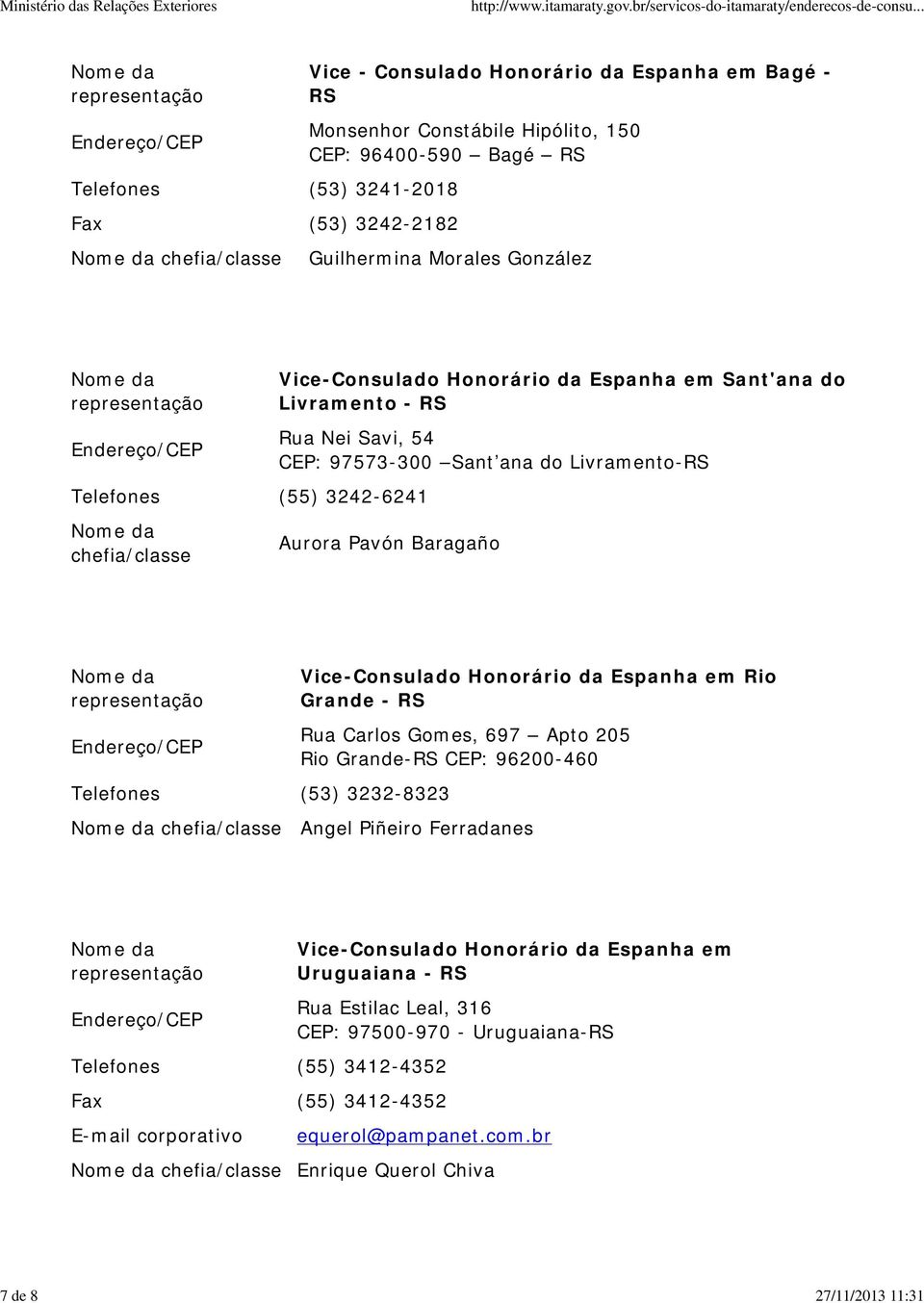 Aurora Pavón Baragaño Telefones (53) 3232-8323 Vice-Consulado Honorário da Espanha em Rio Grande - RS Rua Carlos Gomes, 697 Apto 205 Rio Grande-RS CEP: 96200-460 Angel Piñeiro