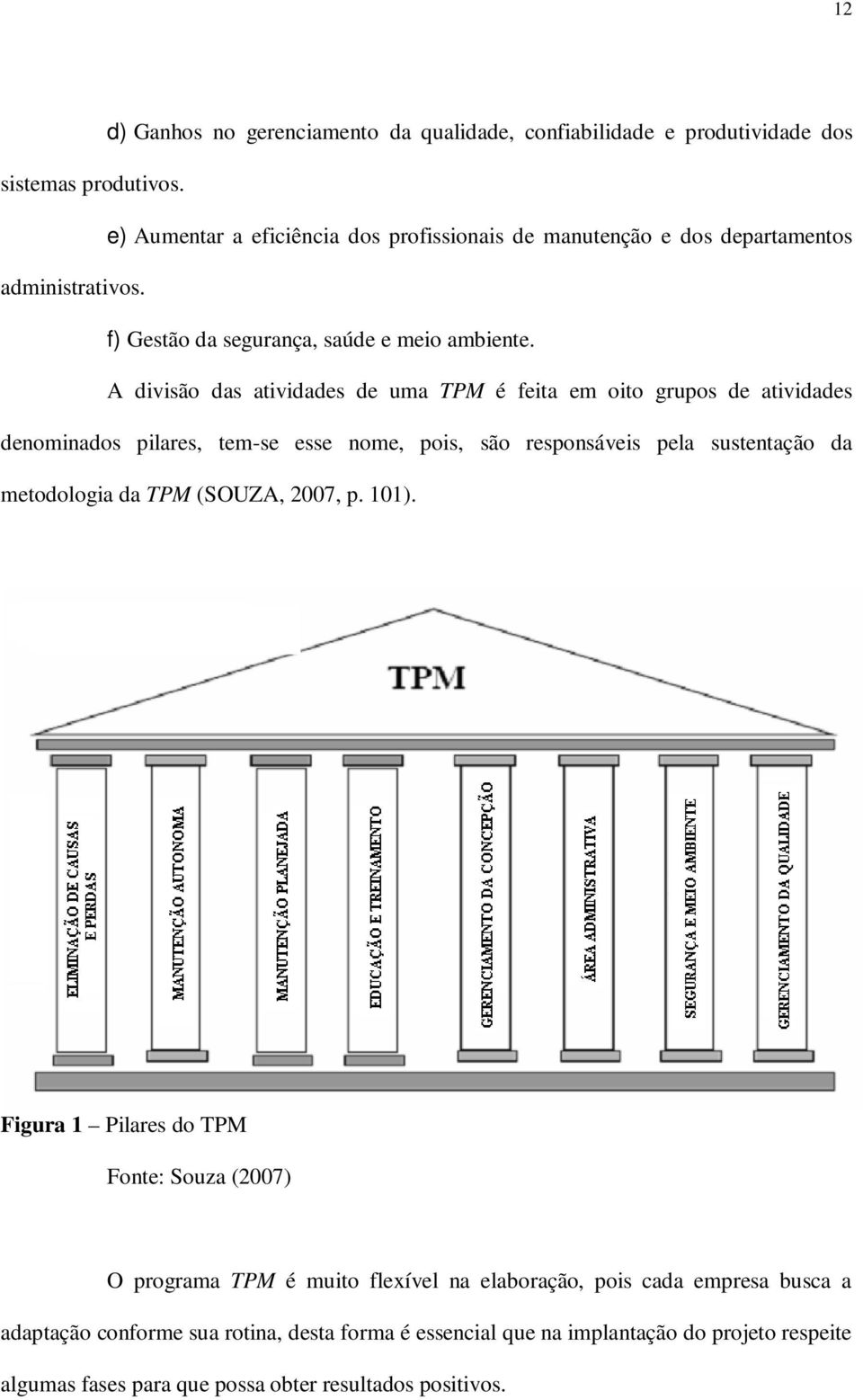 A divisão das atividades de uma TPM é feita em oito grupos de atividades denominados pilares, tem-se esse nome, pois, são responsáveis pela sustentação da metodologia da TPM
