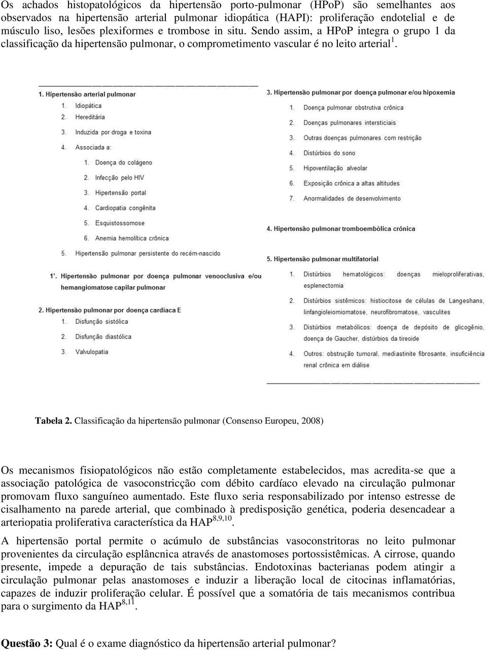 Classificação da hipertensão pulmonar (Consenso Europeu, 2008) Os mecanismos fisiopatológicos não estão completamente estabelecidos, mas acredita-se que a associação patológica de vasoconstricção com