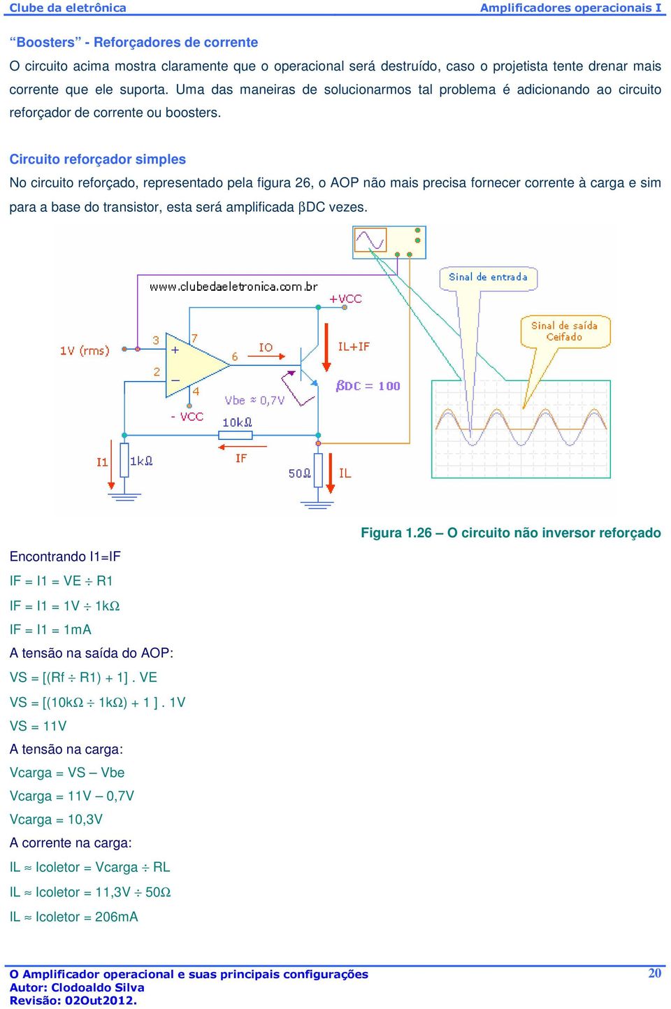 Circuito reforçador simples No circuito reforçado, representado pela figura 26, o AOP não mais precisa fornecer corrente à carga e sim para a base do transistor, esta será amplificada βdc vezes.