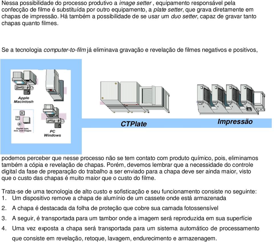 Se a tecnologia computer-to-film já eliminava gravação e revelação de filmes negativos e positivos, CTPlate Impressão podemos perceber que nesse processo não se tem contato com produto químico, pois,