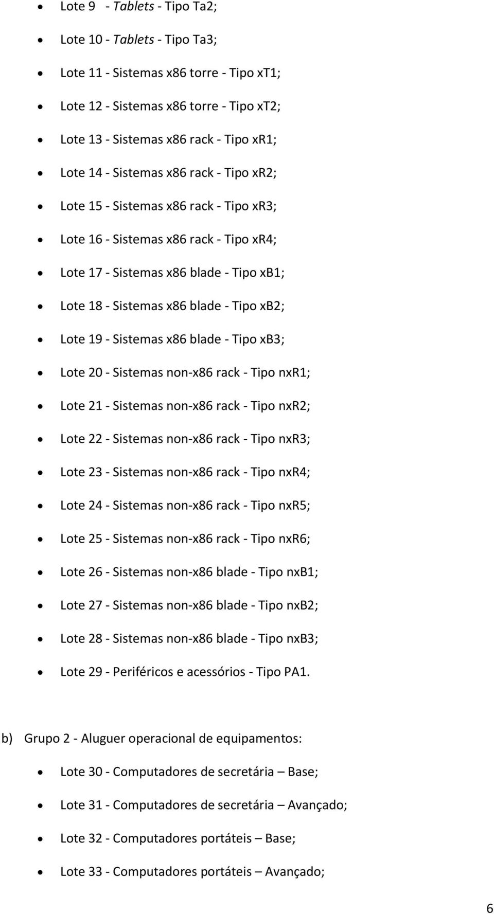 Sistemas x86 blade - Tipo xb3; Lote 20 - Sistemas non-x86 rack - Tipo nxr1; Lote 21 - Sistemas non-x86 rack - Tipo nxr2; Lote 22 - Sistemas non-x86 rack - Tipo nxr3; Lote 23 - Sistemas non-x86 rack -