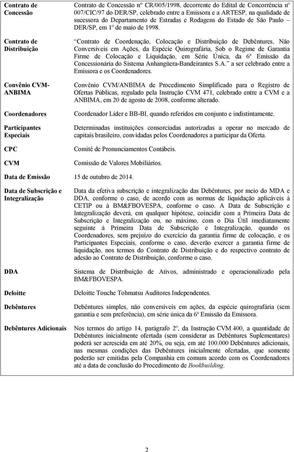 Contrato de Coordenação, Colocação e Distribuição de Debêntures, Não Conversíveis em Ações, da Espécie Quirografária, Sob o Regime de Garantia Firme de Colocação e Liquidação, em Série Única, da 6ª