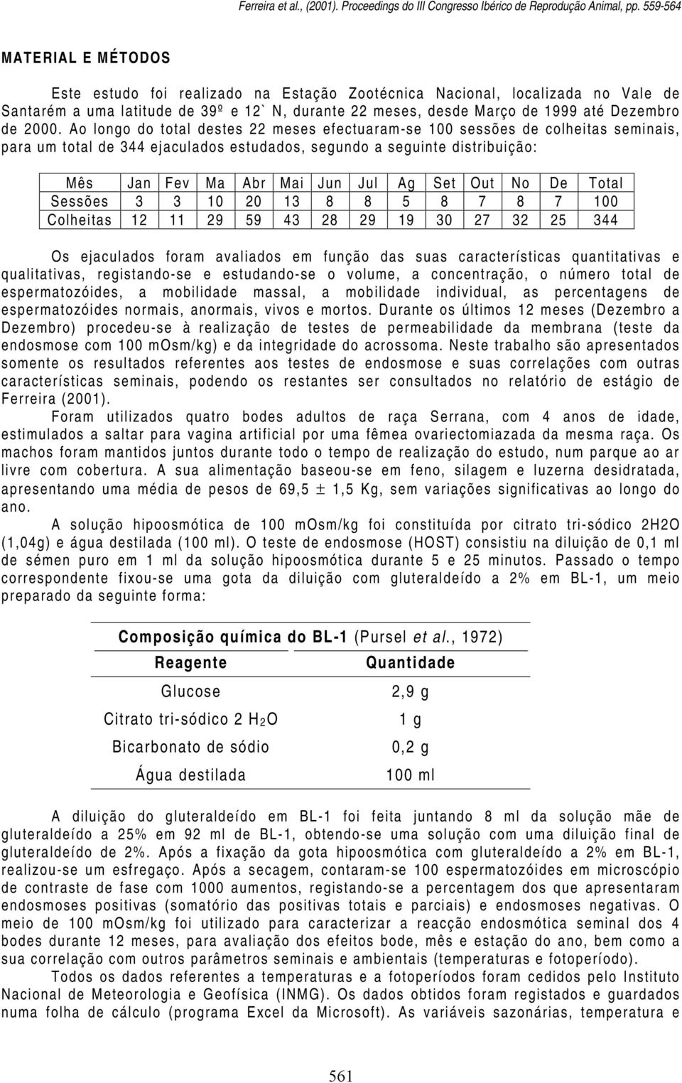 Out No De Total Sessões 3 3 10 20 13 8 8 5 8 7 8 7 100 Colheitas 12 11 29 59 43 28 29 19 30 27 32 25 344 Os ejaculados foram avaliados em função das suas características quantitativas e qualitativas,