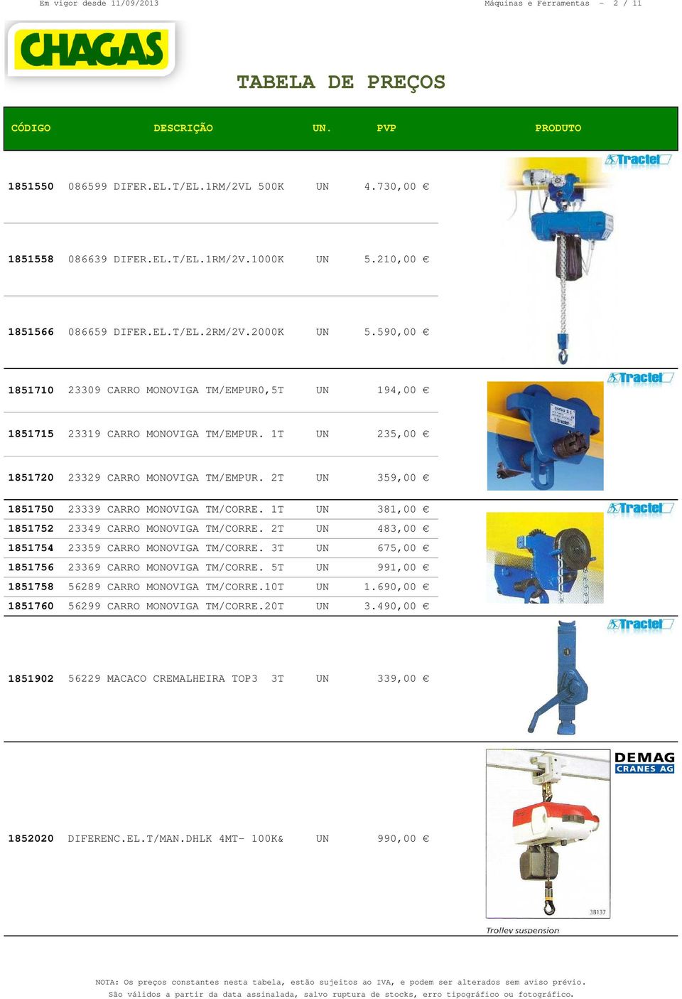 2T UN 359,00 1851750 23339 CARRO MONOVIGA TM/CORRE. 1T UN 381,00 1851752 23349 CARRO MONOVIGA TM/CORRE. 2T UN 483,00 1851754 23359 CARRO MONOVIGA TM/CORRE.