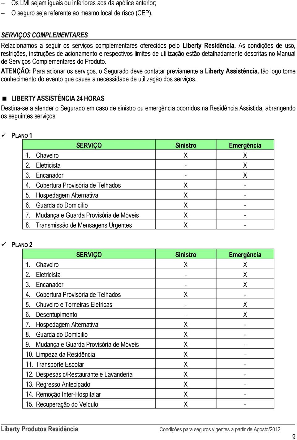 As condições de uso, restrições, instruções de acionamento e respectivos limites de utilização estão detalhadamente descritas no Manual de Serviços Complementares do Produto.