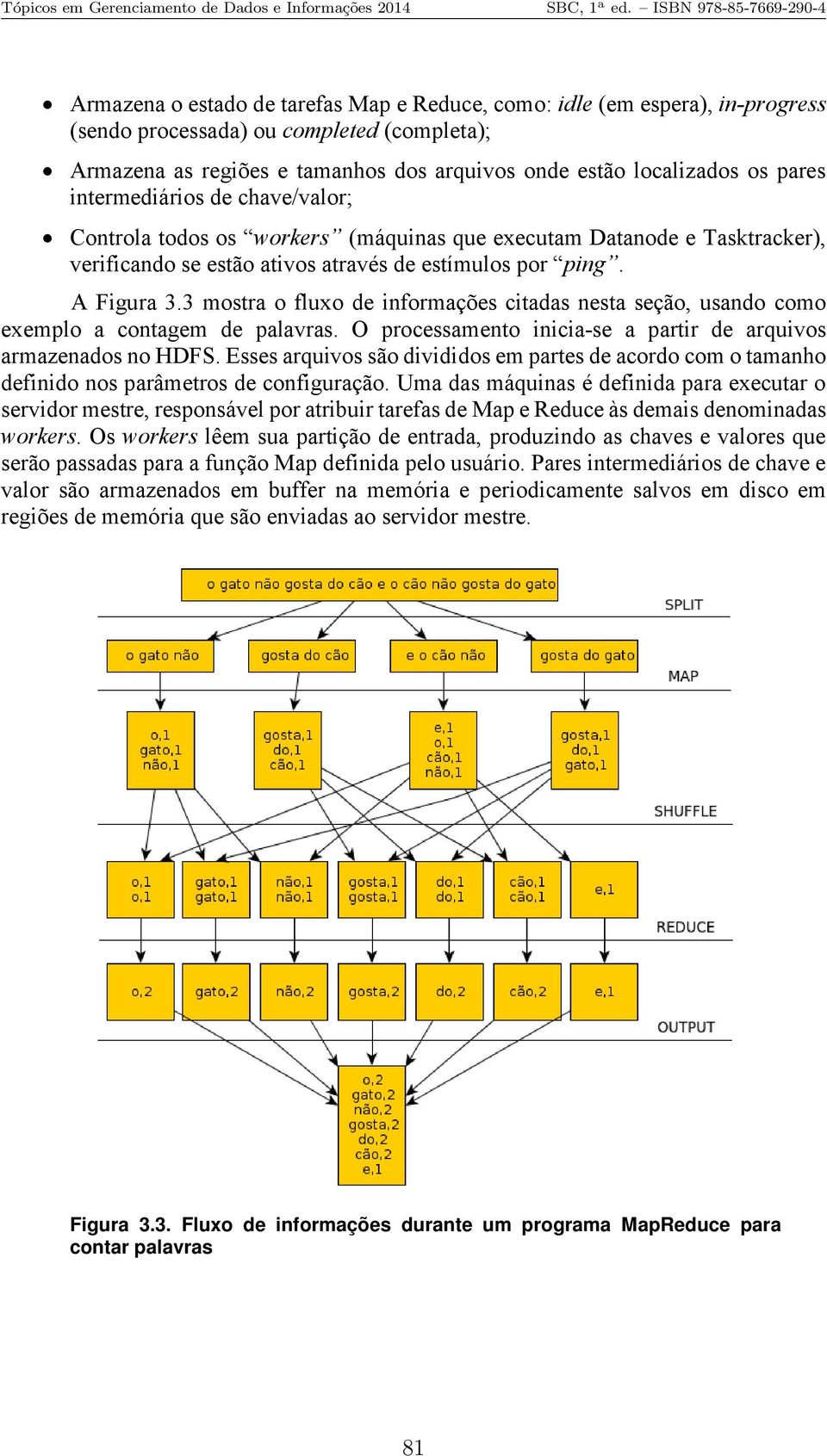 3 mostra o fluxo de informações citadas nesta seção, usando como exemplo a contagem de palavras. O processamento inicia-se a partir de arquivos armazenados no HDFS.