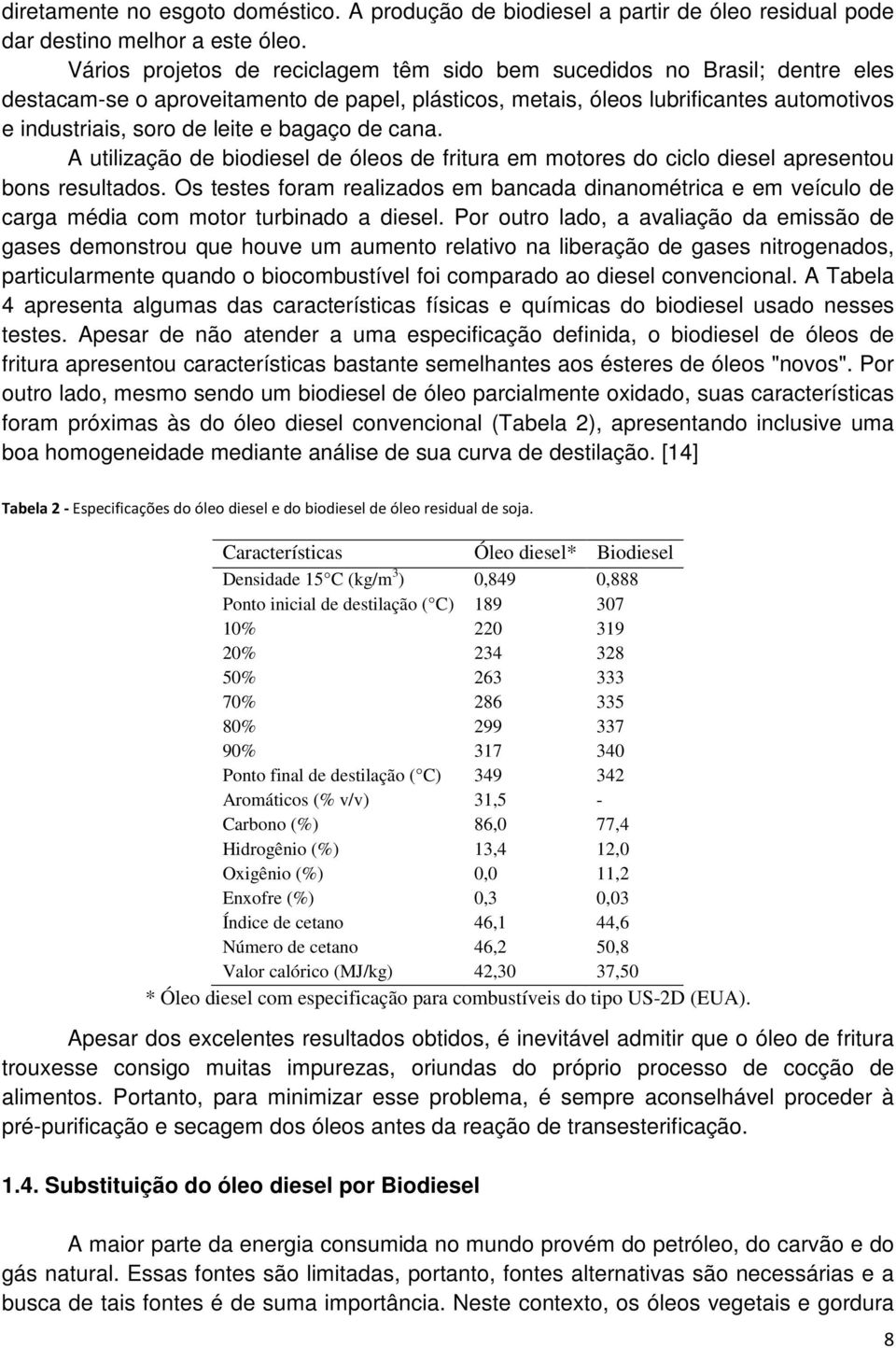 bagaço de cana. A utilização de biodiesel de óleos de fritura em motores do ciclo diesel apresentou bons resultados.