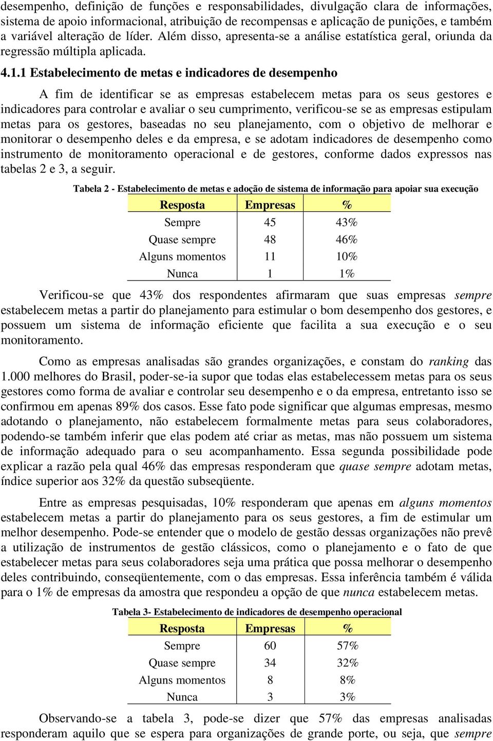 1 Estabelecimento de metas e indicadores de desempenho A fim de identificar se as empresas estabelecem metas para os seus gestores e indicadores para controlar e avaliar o seu cumprimento,