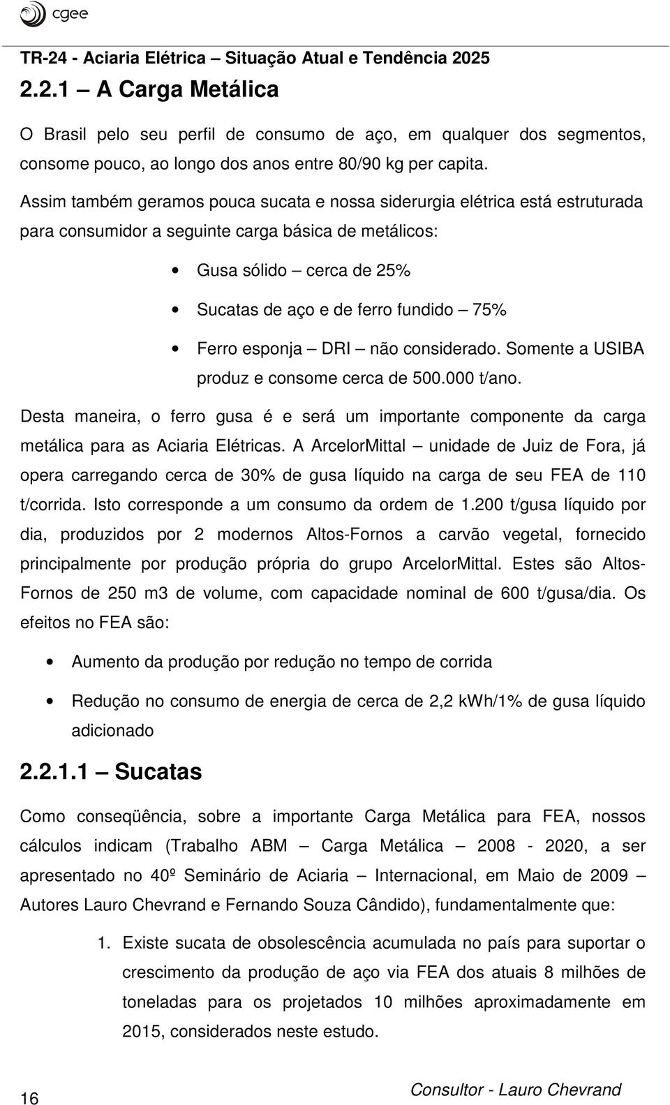 Ferro esponja DRI não considerado. Somente a USIBA produz e consome cerca de 500.000 t/ano. Desta maneira, o ferro gusa é e será um importante componente da carga metálica para as Aciaria Elétricas.