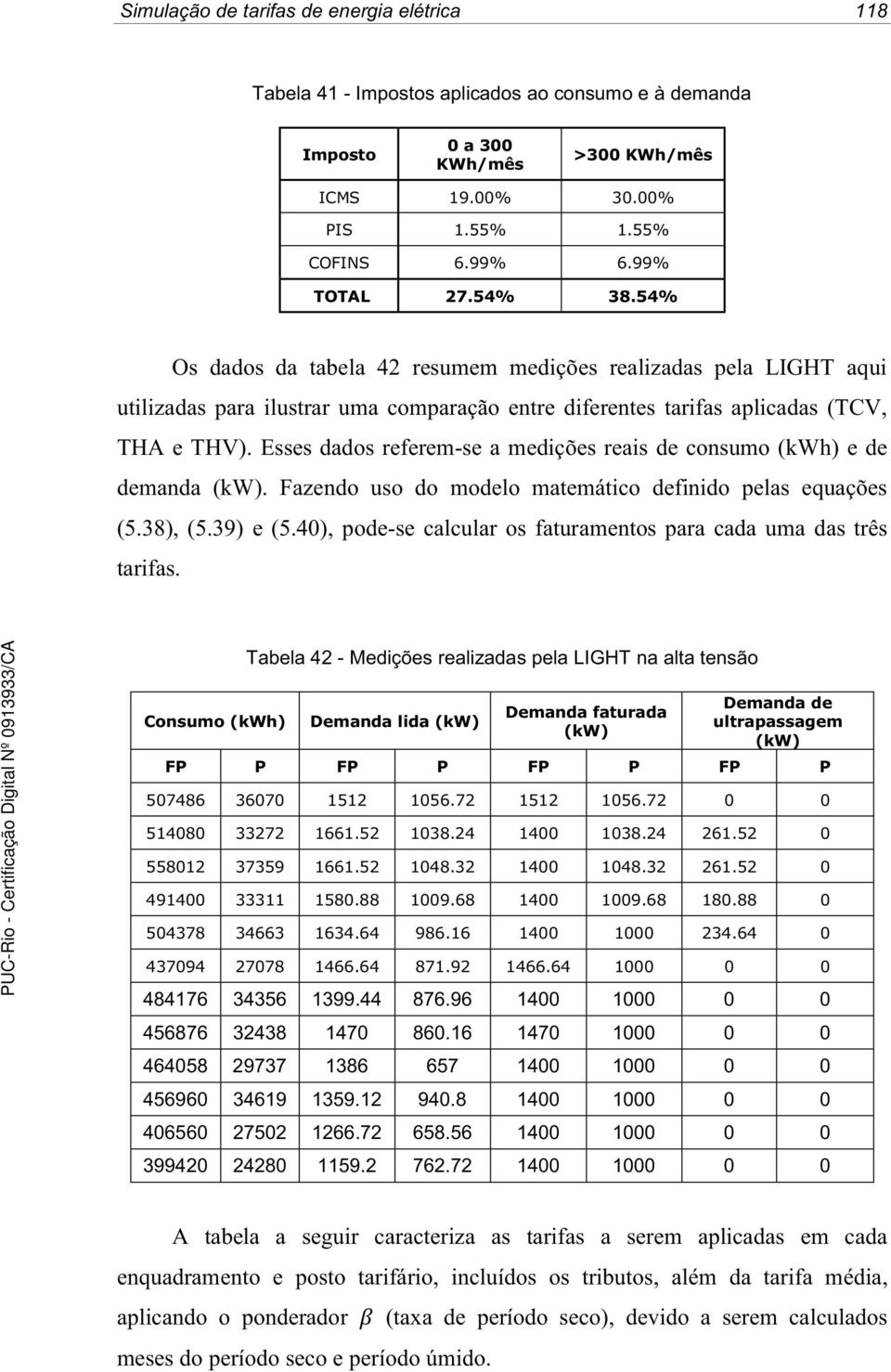 Esses dados referem-se a medições reais de consumo () e de demanda (kw). Fazendo uso do modelo matemático definido pelas equações (5.38), (5.39) e (5.