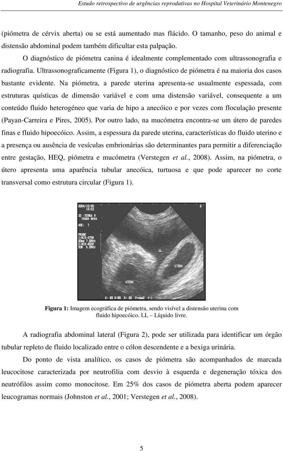 Na piómetra, a parede uterina apresenta-se usualmente espessada, com estruturas quísticas de dimensão variável e com uma distensão variável, consequente a um conteúdo fluido heterogéneo que varia de