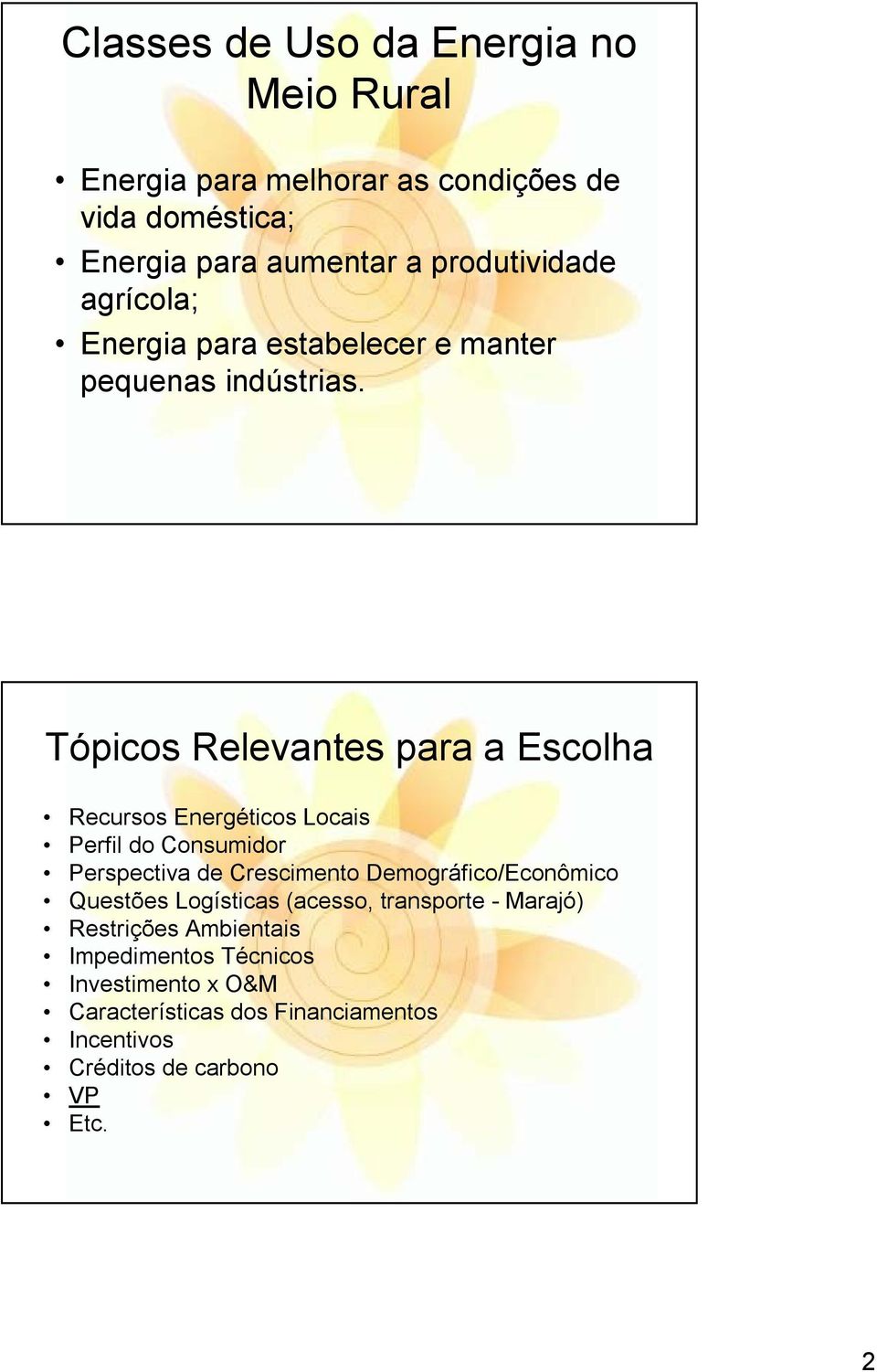 Tópicos Relevantes para a Escolha Recursos Energéticos Locais Perfil do Consumidor Perspectiva de Crescimento