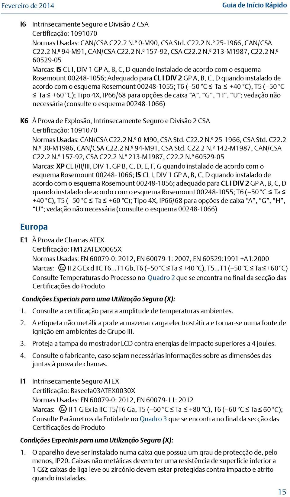 Rosemount 00248-1055; T6 ( 50 C Ta +40 C), T5 ( 50 C Ta +60 C); Tipo 4X, IP66/68 para opções de caixa A, G, H, U ; vedação não necessária (consulte o esquema 00248-1066) K6 À Prova de Explosão,