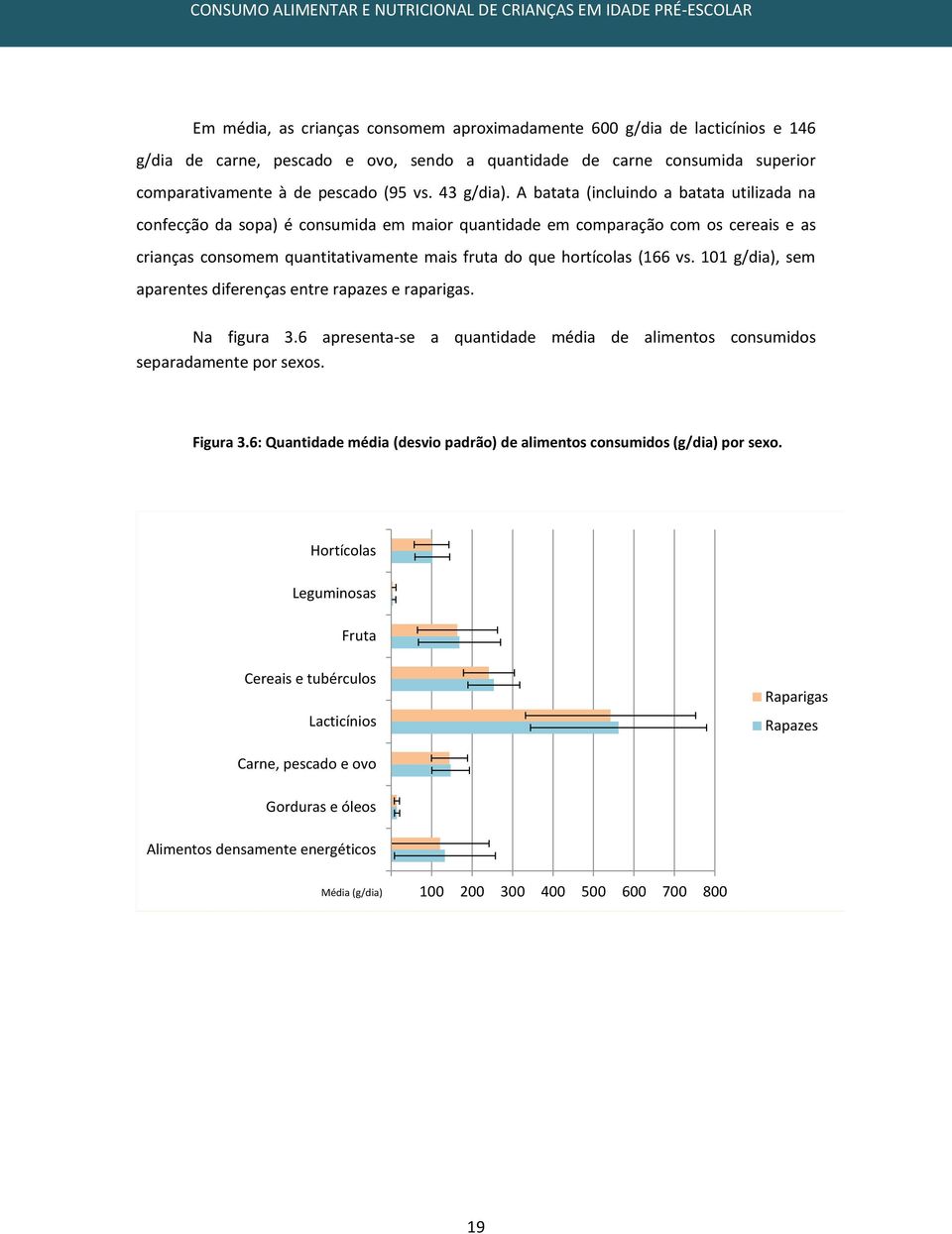 A batata (incluindo a batata utilizada na confecção da sopa) é consumida em maior quantidade em comparação com os cereais e as crianças consomem quantitativamente mais fruta do que hortícolas (166 vs.