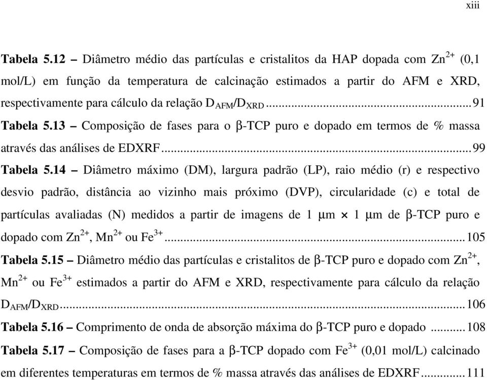 AFM /D XRD... 91 Tabela 5.13 Composição de fases para o β-tcp puro e dopado em termos de % massa através das análises de EDXRF... 99 Tabela 5.