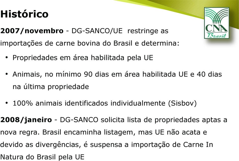 identificados individualmente (Sisbov) 2008/janeiro - DG-SANCO solicita lista de propriedades aptas a nova regra.