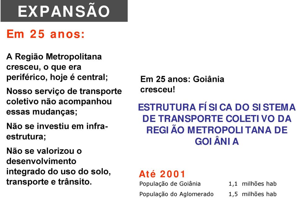 do uso do solo, transporte e trânsito. Em 25 anos: Goiânia cresceu!