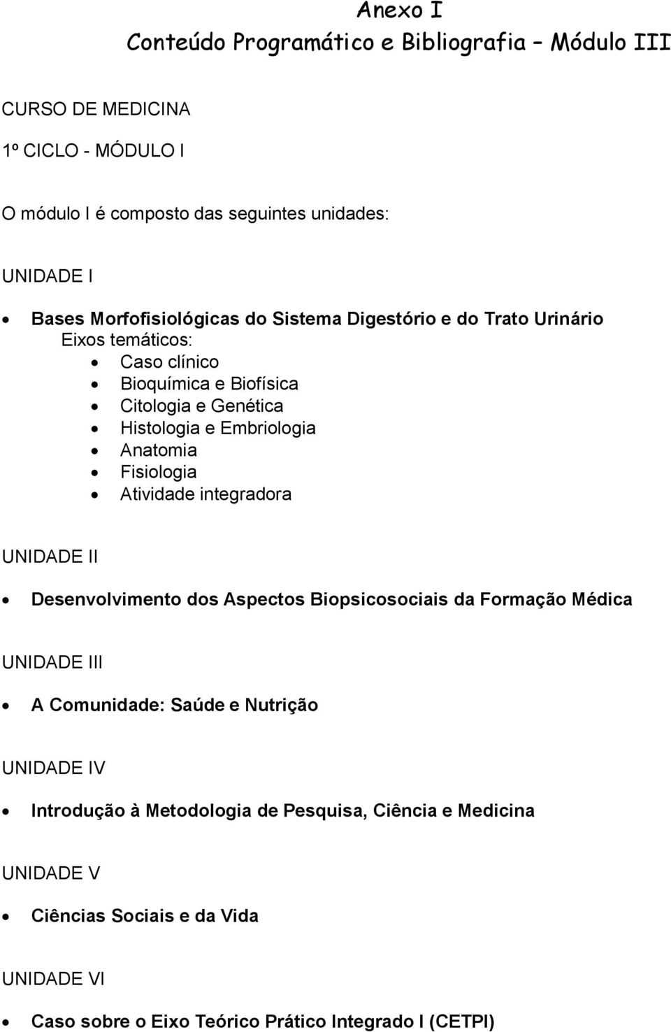 Anatomia Fisiologia Atividade integradora UNIDADE II Desenvolvimento dos Aspectos Biopsicosociais da Formação Médica UNIDADE III A Comunidade: Saúde e Nutrição